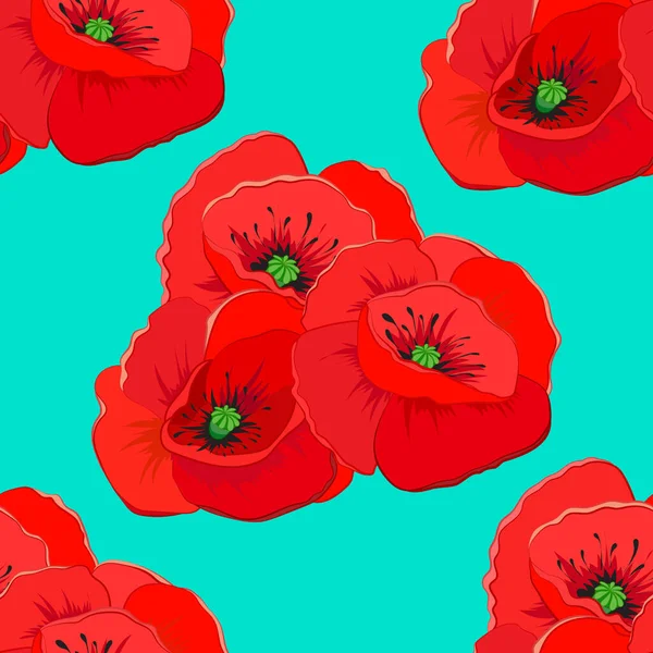 Seamless Vector Pattern Red Poppy Green Leaf Blue Background — Stock Vector