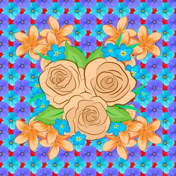 Ilustracja Wektora Płynny Wzór Kwiatowy Słodkie Kwiaty Róży Zielone Liście — Wektor stockowy