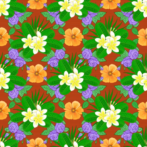 Vektor Plumeria Blommor Sömlös Mönster Sömlös Blommönster Grönt Orange Och — Stock vektor
