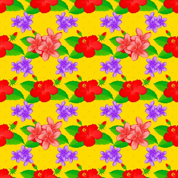 Векторный Бесшовный Узор Фоне Стилизованными Цветками Листьями Плюмерии Желтом Фоне — стоковый вектор