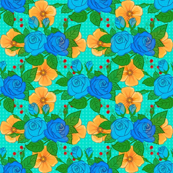 Repeating Vector Rose Flowers Green Leaves Pattern Modern Motley Floral — Stock Vector