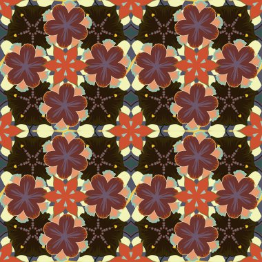 Turuncu, siyah ve sarı geometrik desenli. Soyut vektör elementleriyle lüks karışık desen.