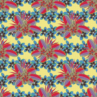 Çiçekler, yapraklar, dekoratif elementler, sıçramalar, lekeler ve mavi ve yeşil renkler. Karalama çizim biçimi, el çizimi illüstrasyon.