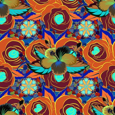 Gül çiçekleri ve yaprakları, süsleme, süsleme, lekeleme ve mavi, kırmızı ve turuncu renkte damlalar. Karalama çizim biçimi, el çizimi illüstrasyon.