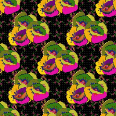 Motley gelincikleri. Magenta, yeşil ve sarı çiçeksiz desen.