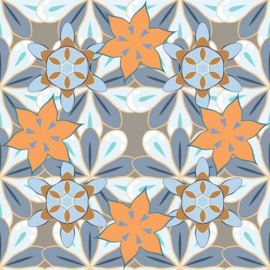 Mavi, bej ve sarı küçük çiçekli vektör arkaplan. Elle boyanmış, dikişsiz çiçekler..