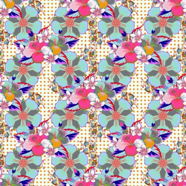 Yeşil ve mavi çiçekli bahar çiçekleri. Küçük renkli çiçekler. Moda baskıları için zarif bir şablon. Küçük çiçekte güzel bir desen. Motley illüstrasyonu.