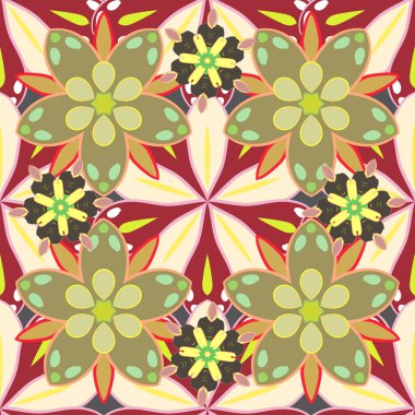 Küçük bir çiçekte hoş, pürüzsüz bir desen. Moda baskıları için zarif bir şablon. Raster illüstrasyonu. Kırmızı, sarı ve bej renklerde küçük bir çiçek..