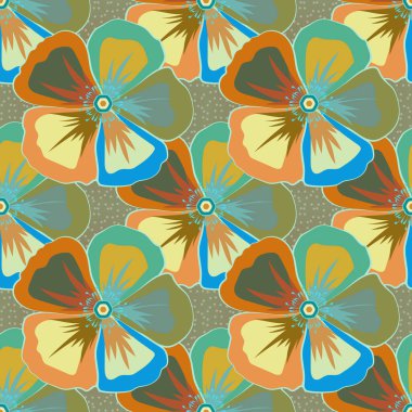 Karalama çizim stili, elle çizilmiş çizim. Kozmos çiçekleri, yaprakları, dekoratif elementleri, sıçramaları, lekeleri ve mavi, yeşil ve turuncu renkleri olan vektörsüz çiçek deseni..