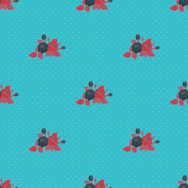 Suluboya kırmızı, pembe ve mavi güller dikişsiz desen. Çiçekli kart tasarımı. Kırmızı, pembe ve mavi renklerde soyut gül çiçekleri ile el boyaması çizim.