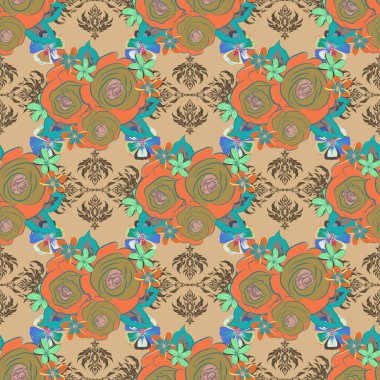 Gül çiçekleri pürüzsüz desen. Mavi, turuncu ve bej renklerde elle boyanmış resimler..