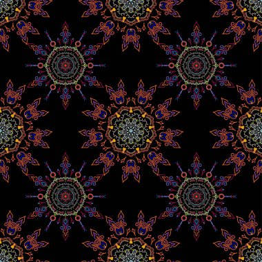 Arap tarzında soyut bir model. Kusursuz vektör arkaplanı. Siyah arkaplanda mavi ve turuncu doku. Grafiksel modern desen.