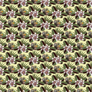 Plumeria çiçeklerinin gri, yeşil ve kahverengi renkte olduğu soyut zarafet vektörünün kusursuz deseni.