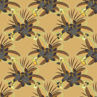Vektör çizimi. Kahverengi, sarı ve bej renklerde biçimlendirilmiş plumeria çiçekleriyle kusursuz çiçek deseni..