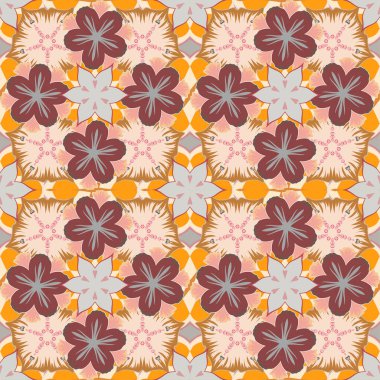 Çiçeksiz desenli küçük çiçekli basit çiçek deseni. Bej, kahverengi ve gri renklerde raster tasarımı. Ditsy tarzı.