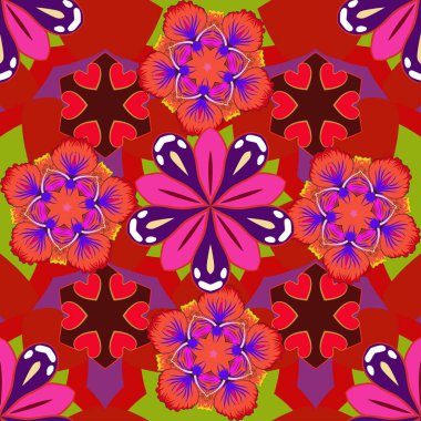 Vektör çizimi. Pembe, kırmızı ve mor renklerde yapraklar ve tropik çiçeklerle kusursuz arkaplan deseni.