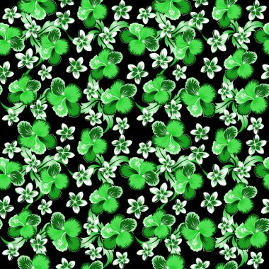 Yeşil ve mavi renkli çiçek desenli tropikal, dikişsiz çiçek deseni. Siyah arkaplanda çiçek vektörü.