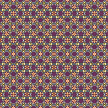 Mor, sarı ve kahverengi çiçeklerin Raster çizimi. Karışık arkaplanda çiçekler olan kusursuz desen.