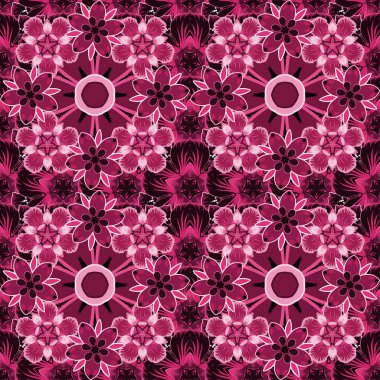 Çiçek ve yaprakların pembe ve mor renkte olduğu kusursuz çiçek deseni.