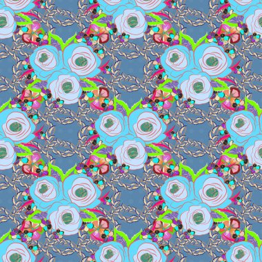 Elle yazılmış vektör çiçekleri, pullar, anahtarlar. Yeşil, mavi ve bej renklerde, klasik dikişsiz desen.