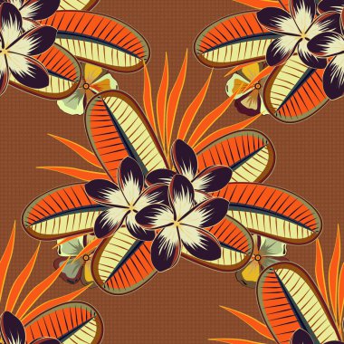 Dekoratif tesisat çiçekleri ve yaprakları turuncu, sarı ve kahverengi renklerle kusursuz arka plan deseni. Vektör illüstrasyonu.