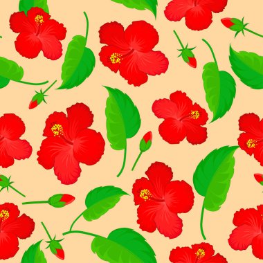 Kırmızı amberin kusursuz vektör deseni ve bej arkaplanda yeşil yaprak.