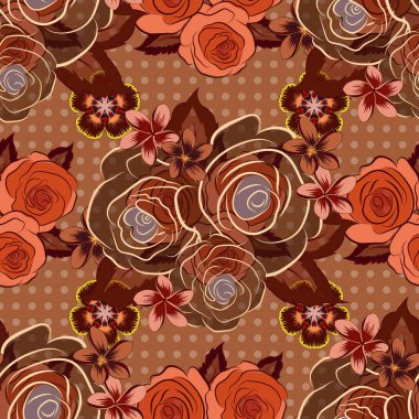 Turuncu, kırmızı ve kahverengi renkli, soyut, sevimli çiçek deseni. Parlak güzel gül çiçekleri ve dikişsiz yeşil yapraklar..