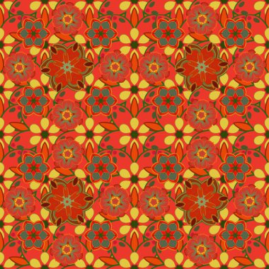 Çiçekler, yapraklar, dekoratif elementler, su sıçratma, lekeler ve kırmızı, sarı ve yeşil renkte damlayan vektörsüz çiçek deseni. Karalama çizim biçimi, el çizimi illüstrasyon.