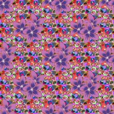 Küçük basit çiçeklerin çok renkli süslemesi, tasarım ve tekstil için soyut, dikişsiz bir şekil vektörü.