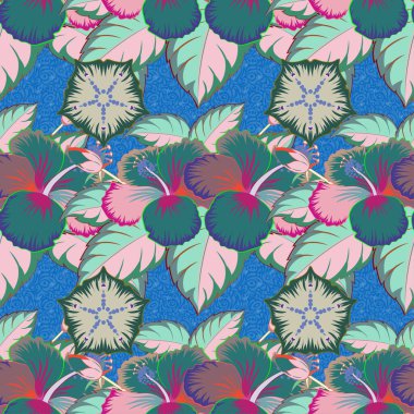 Vektör çizimi. Mavi, bej ve pembe renklerde kusursuz çiçek deseni.