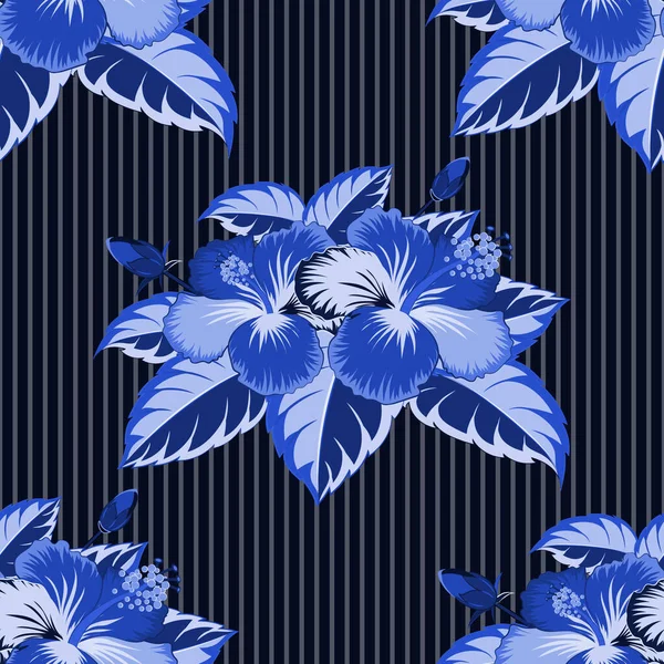 Modèle Sans Couture Fond Floral Hibiscus Noir Violet Bleu Croquis — Image vectorielle