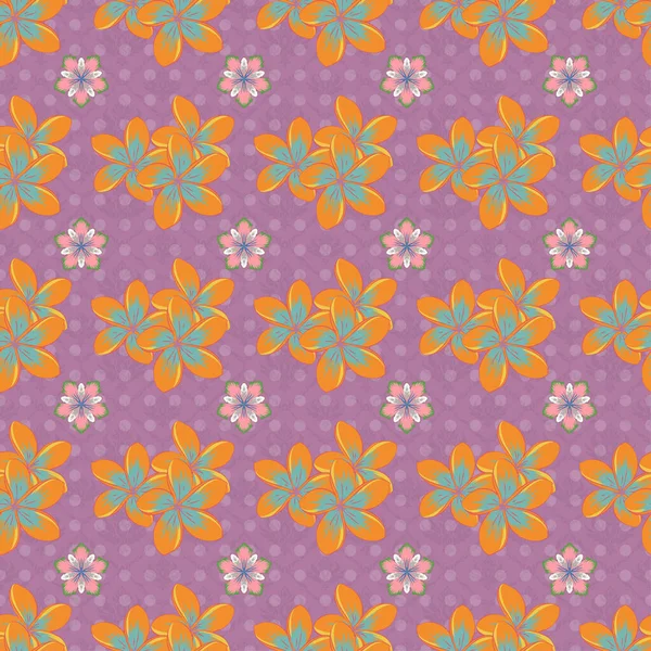 Floral Seamless Pattern Blooming Plumeria Flowers Leaves Pink Violet Beige — Stock Vector