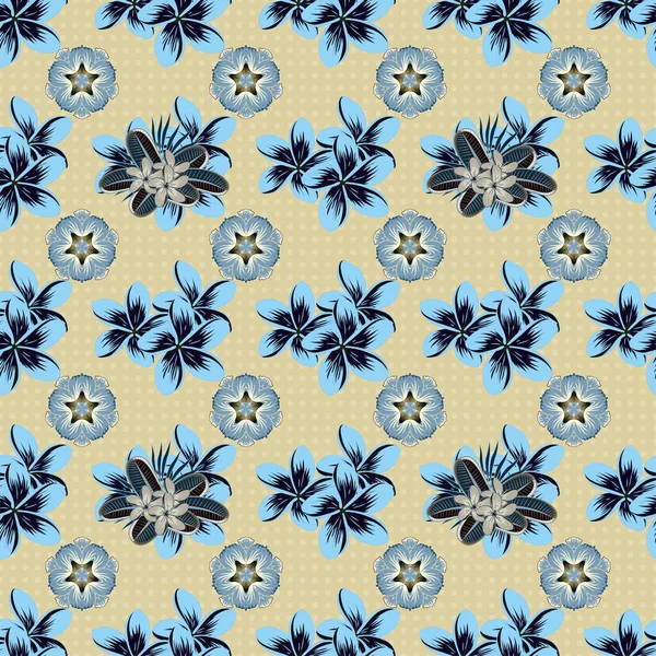 Cute Vector Plumeria Flowers Print Floral Vintage Seamless Pattern Blue — Stock Vector