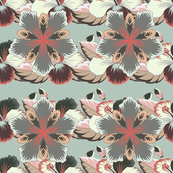 Vector Seamless Background Pattern Tropical Leaves Flowers Gray Beige Brown — Stock Vector