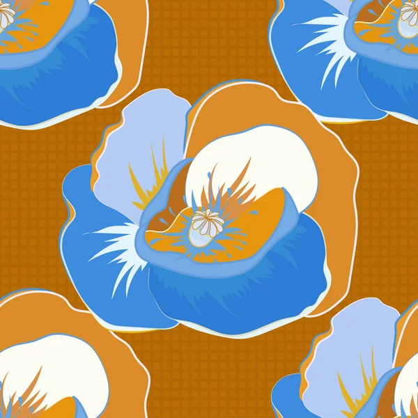 蓝色和橙色的罂粟花无缝图案 可爱的矢量植物背景 — 图库矢量图片