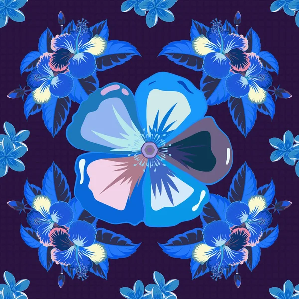 抽象的なベクトル背景 青の花や葉を咲かせるコスモスと花のシームレスなパターン コスモスの花のスタイリッシュな壁紙 — ストックベクタ