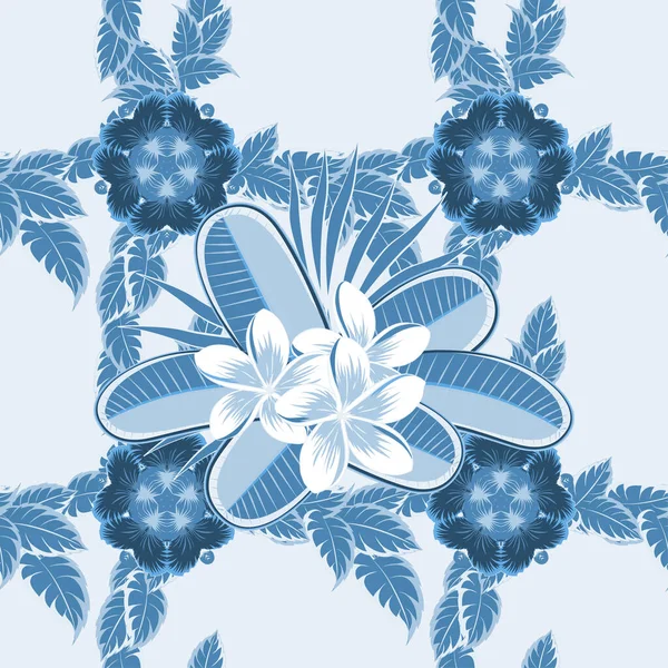 Цветочный Узор Колючей Проволоки Цветками Листьями Плюмажа Синего Белого Цветов — стоковый вектор
