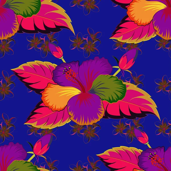 Векторный Бесшовный Узор Голубого Фиолетового Пурпурного Цветов Красивые Цветы Гибискуса — стоковый вектор