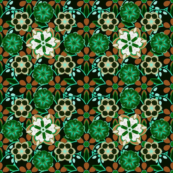 Płynny Wzór Kwiatowy Stylizowanymi Kwiatami Kolorach Zielonym Brązowym — Wektor stockowy
