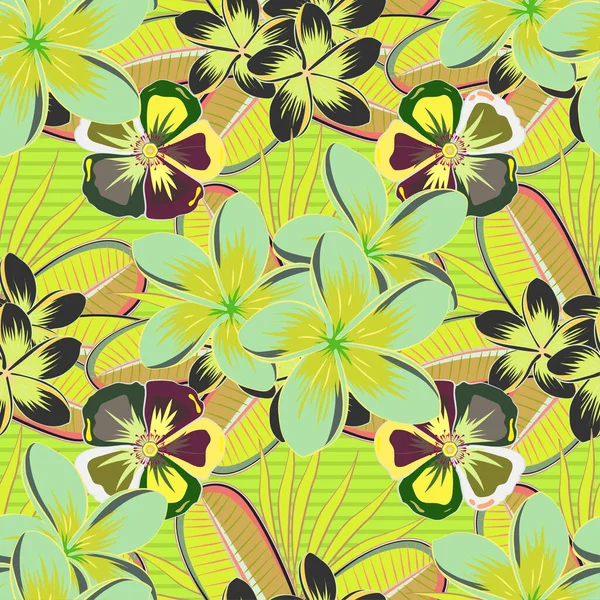 Seamless Background Pattern Decorative Plumeria Flowers Leaves Gray Green Yellow — Stock Vector