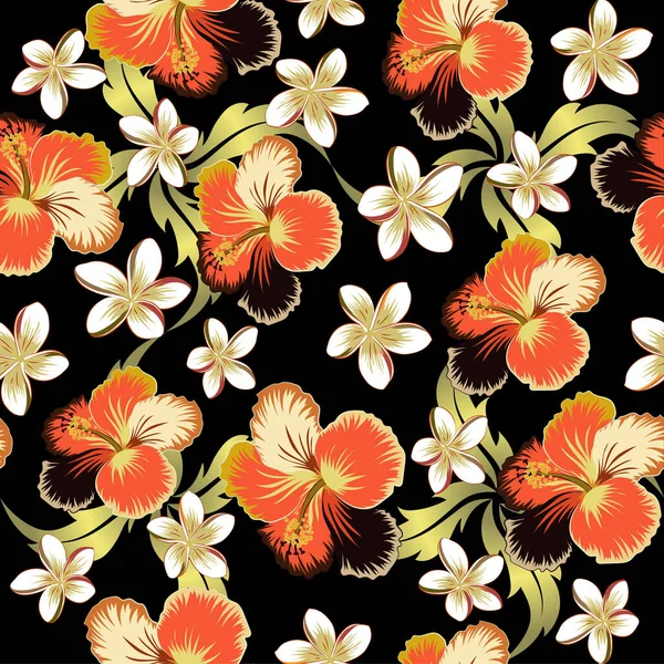 Aloha Hawaiana Shirt Vector Sin Costuras Hibiscus Partern Black Background — Archivo Imágenes Vectoriales