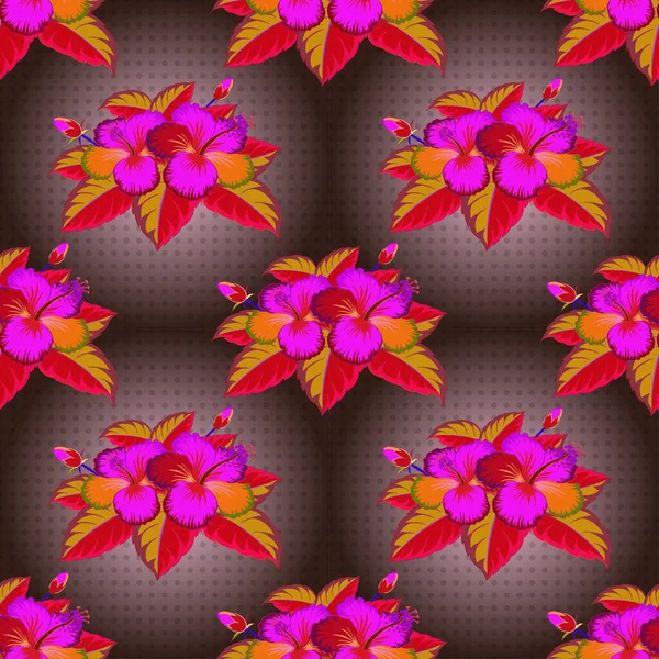 Aquarelle Effet Peinture Magenta Fleurs Hibiscus Brun Rouge Fond Motif — Image vectorielle