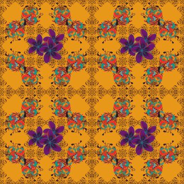 Haşhaş çiçekleri ve mavi, sarı ve kahverengi yapraklı çok renkli arkaplan kompozisyonu, sıçramalar, karalamalar ve stilize çiçekler. Yaz zamanı Raster Çiçeksiz desen.