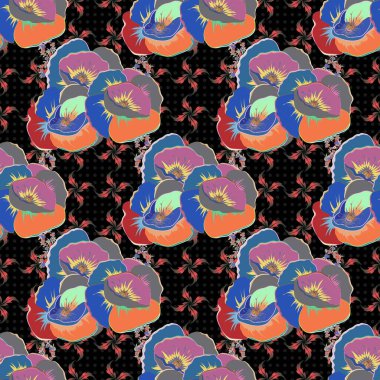 Soyut kırmızı, mavi ve pembe gelincikli vektör desenli. Haşhaş çiçekleriyle süslü çiçek arkaplanı.