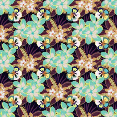 Vektör çizimi. Dekoratif plumeria çiçekleriyle kusursuz arkaplan deseni ve yeşil, gri ve kahverengi yapraklar.