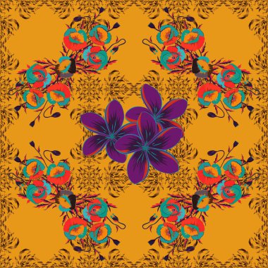 Küçük sarı, kahverengi ve mavi çiçekler. Yay vektörü çiçekli arka plan. Çok renkli gelincik çiçeklerinde hoş, pürüzsüz bir desen. Moda baskıları için zarif şablon.