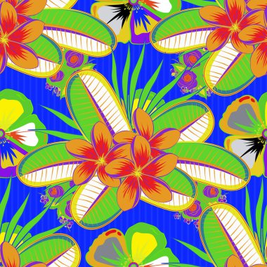 Raster plumeria çiçeği, sarı, yeşil ve mavi renklerde kusursuz desen..
