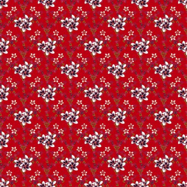 Küçük çiçekte sevimli, dikişsiz çiçek vektör deseni. Kırmızı, mor ve pembe renklerde kusursuz desen.