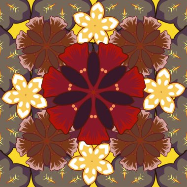 Kartlar, davetiyeler, düğün, ambalaj kağıtları için el yapımı raster deseni. Kusursuz kırmızı, sarı ve kahverengi sim çizgileri, zikzak sembolü, dalgalı çizgiler, pürüzsüz doku çizgileri..