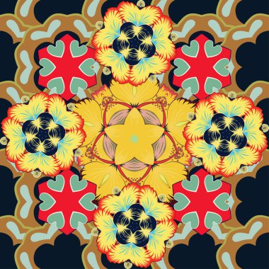 Dekorasyon ve tasarım için güzel bir vektör deseni. Soyut çiçeklerin seçkin desenleri klasik tarzda. Kırmızı, sarı ve siyah renklerde suluboya desenleri. Moda yazdırma